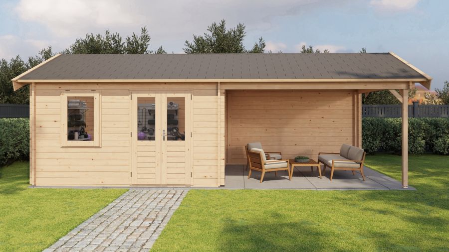 Lugarde Select Blokhut met overkapping Rozendaal 400x400cm + 400cm - Onbehandeld