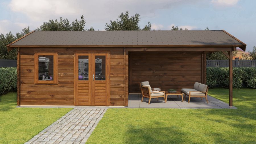 Lugarde Select Blokhut met overkapping Rozendaal 400x400cm + 400cm - Keteldruk Bruin