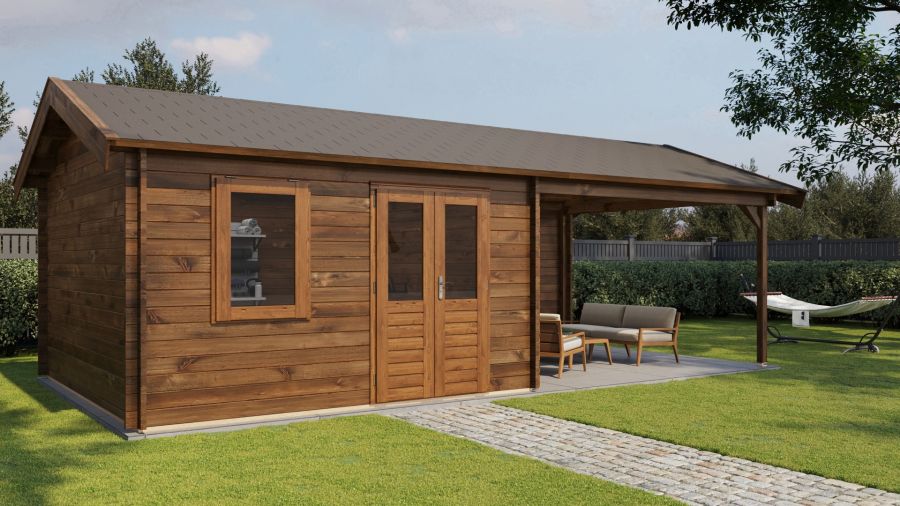 Lugarde Select Blokhut met overkapping Rozendaal 400x400cm + 400cm - Keteldruk Bruin