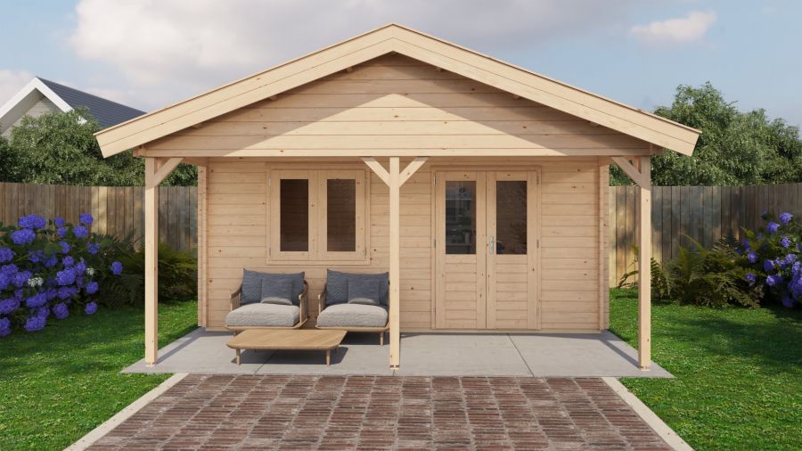 Lugarde Select Bennekom Blokhut met overkapping 500x400 cm + 200 cm 44 mm vuren blank