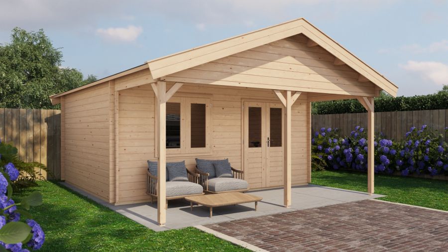 Lugarde Select Bennekom Blokhut met overkapping 500x400 cm + 200 cm 44 mm vuren blank