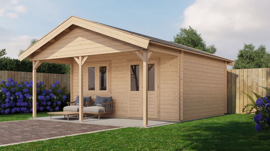 Lugarde Select Bennekom Blokhut met overkapping 500x400 cm + 200 cm 44 mm vuren blank