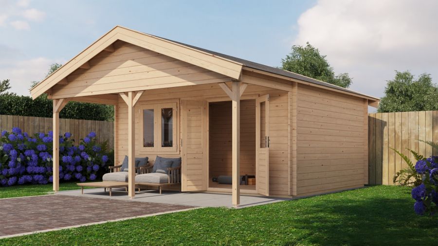 Lugarde Select Bennekom Blokhut met overkapping 500x400 cm + 200 cm 44 mm vuren blank