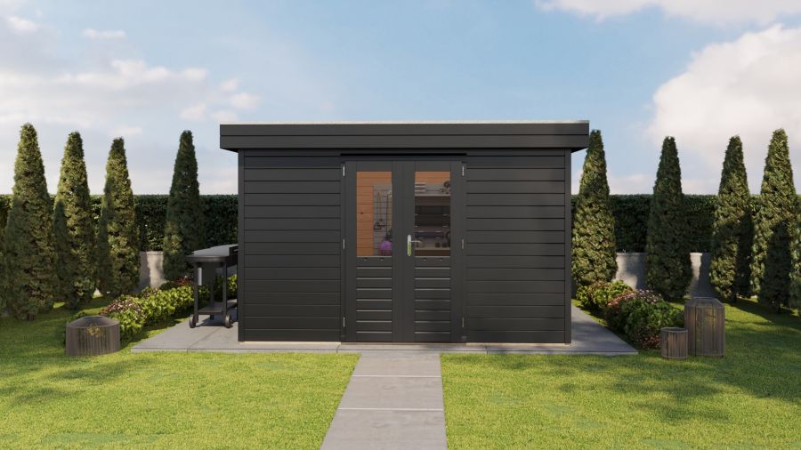 Lugarde Select Prima Helmond tuinhuis 360x360 cm 44 mm vuren zwartgrijs gebeitst