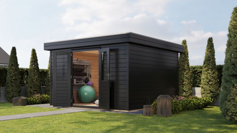 Lugarde Select Prima Helmond tuinhuis 360x360 cm 44 mm vuren zwartgrijs gebeitst