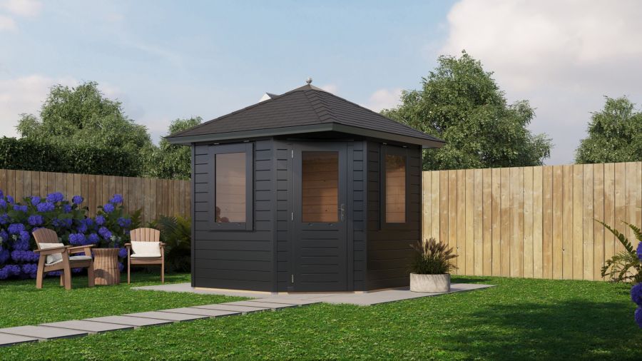 Lugarde Select Prima Leiden tuinhuis 240x240 cm 44 mm vuren zwartgrijs gebeitst