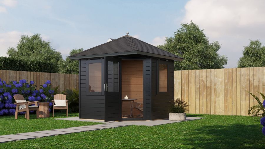 Lugarde Select Prima Leiden tuinhuis 240x240 cm 44 mm vuren zwartgrijs gebeitst