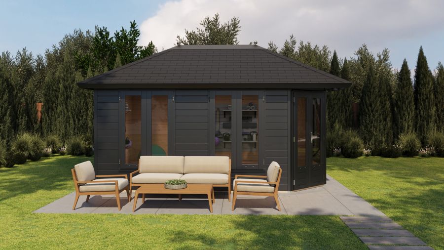 Lugarde Select Prima Utrecht tuinhuis 480x300 cm 44 mm vuren zwartgrijs gebeitst