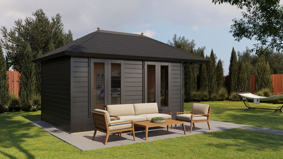 Lugarde Select Prima Utrecht tuinhuis 480x300 cm 44 mm vuren zwartgrijs gebeitst