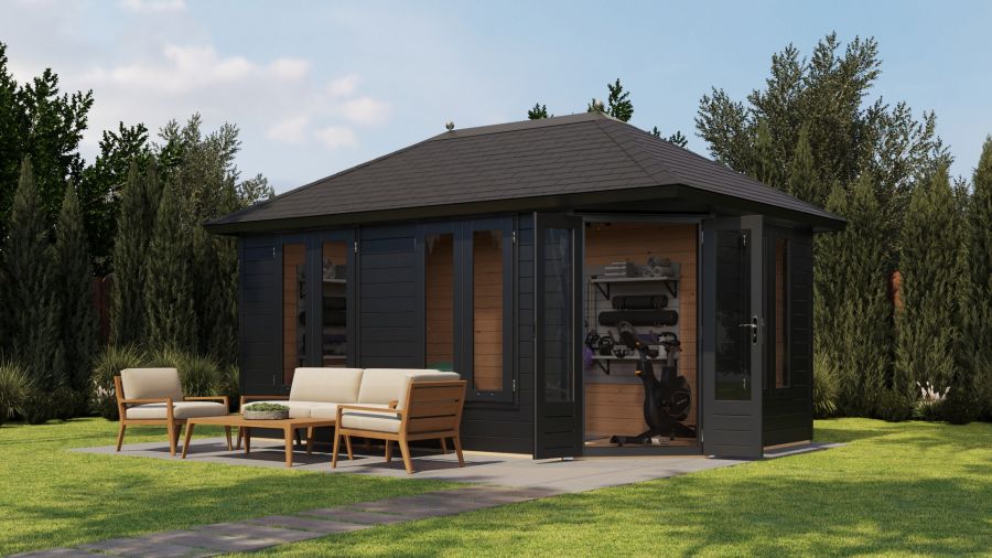 Lugarde Select Prima Utrecht tuinhuis 480x300 cm 44 mm vuren zwartgrijs gebeitst