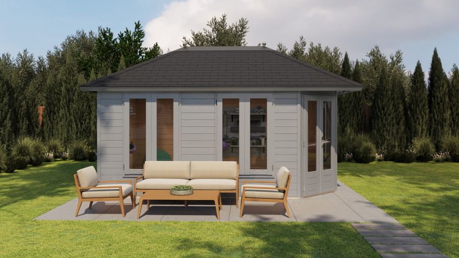 Lugarde Select Prima Utrecht tuinhuis 480x300 cm 44 mm vuren grijs gebeitst