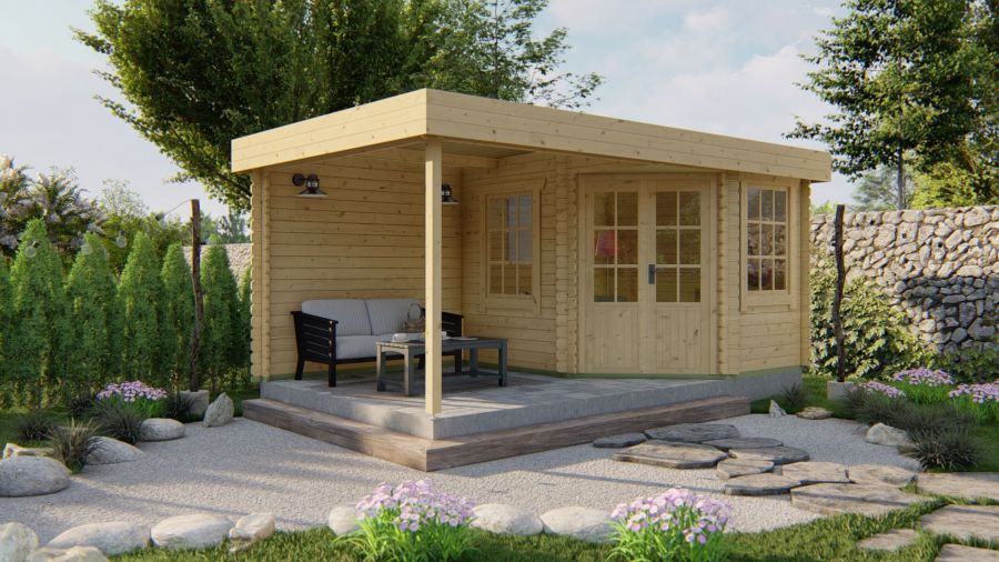 Tuindeco Stig blokhut 250x300 cm + overkapping 250 cm 28 mm vuren bruin geïmpregneerd