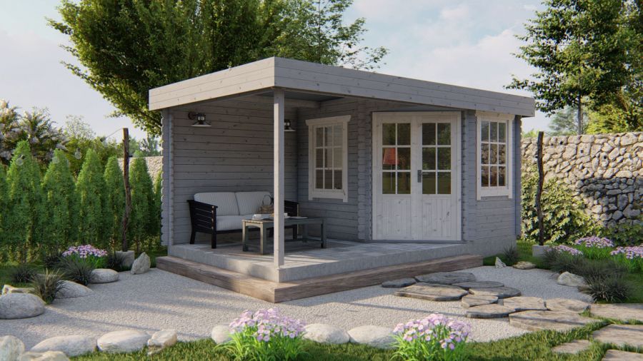 Tuindeco Stig blokhut 250x300 cm + overkapping 250 cm 28 mm vuren bruin geïmpregneerd