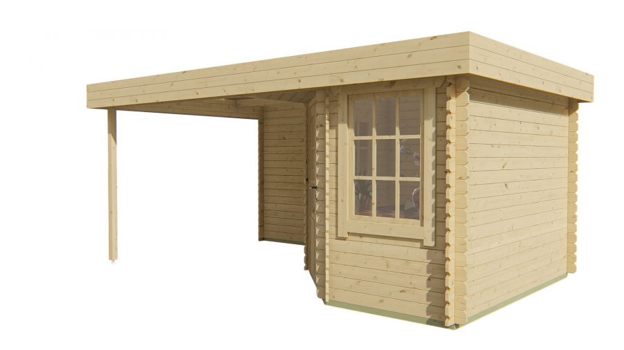 Tuindeco Stig blokhut 250x300 cm + overkapping 250 cm 28 mm vuren bruin geïmpregneerd