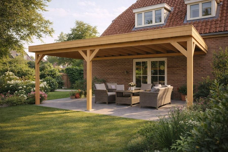Douglas aanbouw veranda plat dak 700 x 430 cm met 3 staanders
