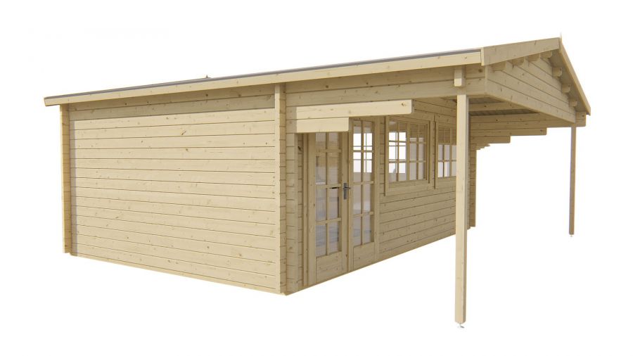 Tuindeco Torsten Blokhut 595x400 cm + luifel 200 cm 58 mm vuren honing geïmpregneerd