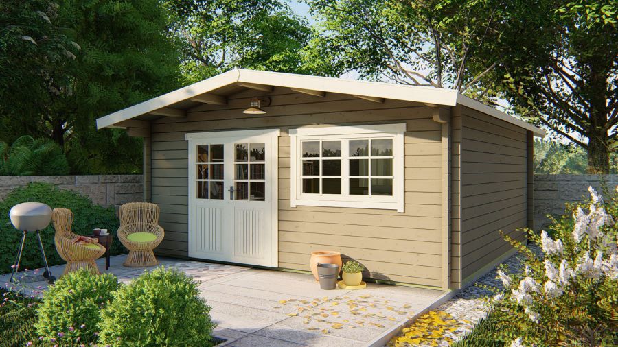Blokhut Dingle 500x500 cm met luifel honing geimpregneerd