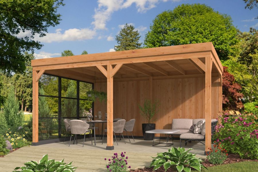 Tuindeco Kiruna platdak overkapping 377x537 cm vuren red class wood geïmpregneerd incl. EPDM