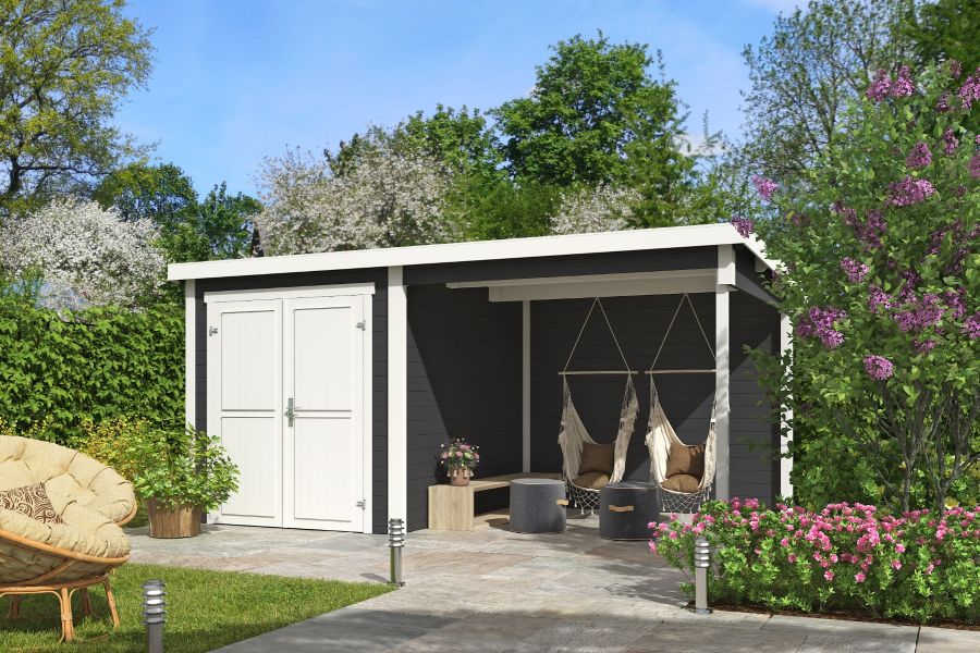 Outdoor Life Finn Tuinhuis 450x250 cm 28 mm vuren Carbon Grey-Wit gecoat