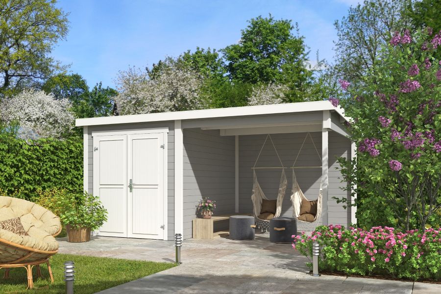 Outdoor Life Finn Tuinhuis 450x250 cm 28 mm vuren Platinum Grey-Wit gecoat
