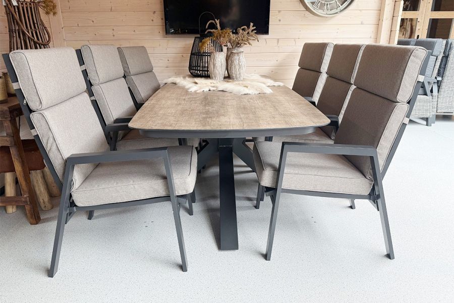 SenS-Line Ambiance tuinset tafel en 6 verstelbare stoelen incl. taupe kussens - Showmodel Wommelgem