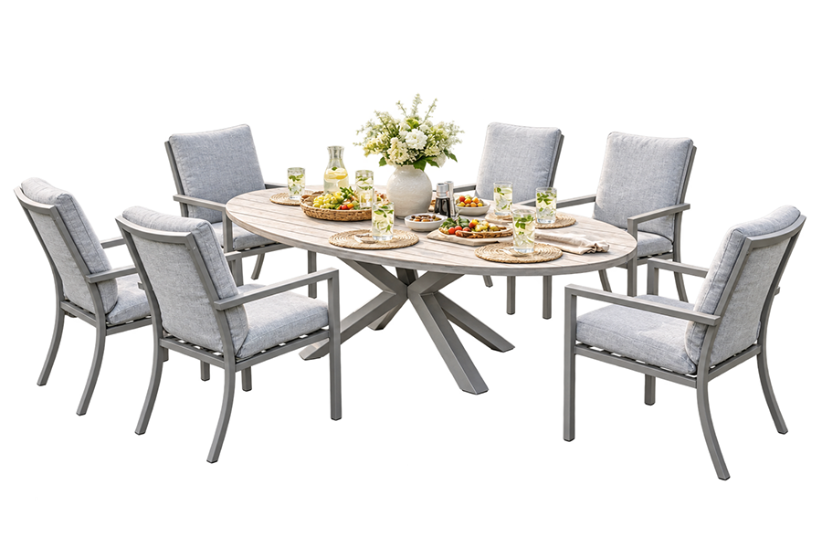 Garden Impressions Vera diningset taupe / light teak tafel en 6 taupe valley sand fauteuils - Showmodel Hoofddorp