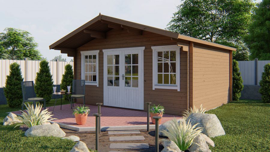 Tuindeco Viggo Blokhut 500x400 cm + luifel 100 cm 28 mm vuren red class wood geïmpregneerd
