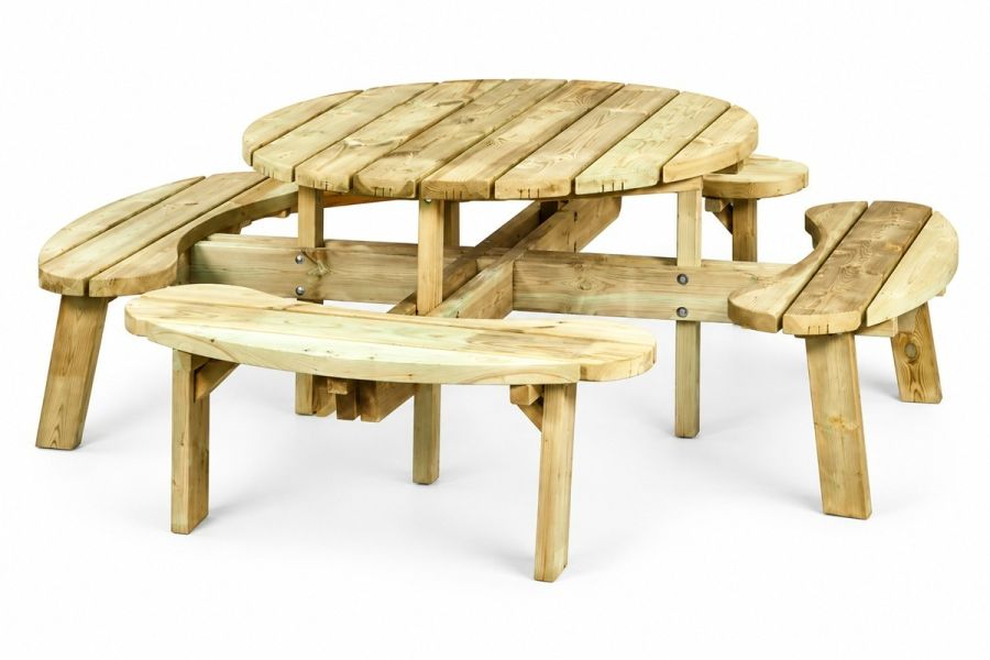 Ronde vurenhouten picknicktafel met 4 bankjes