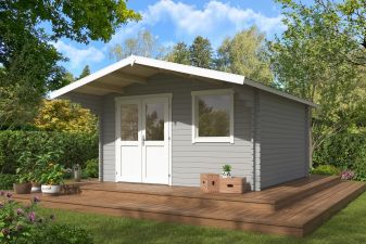 Blokhut Floor 410x410 cm + luifel 130 cm 40 mm vuren lichtgrijs-wit geverfd