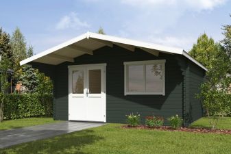 Blokhut Floor 505x410 cm + luifel 150 cm 40 mm vuren groengrijs-wit geverfd