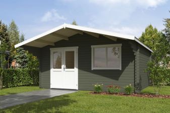 Blokhut Floor 505x410 cm + luifel 150 cm 40 mm vuren groengrijs-wit geverfd