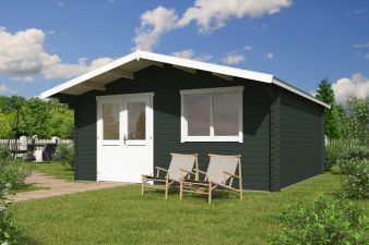 Blokhut Floor 505x505 cm + luifel 90 cm 40 mm vuren groengrijs-wit geverfd