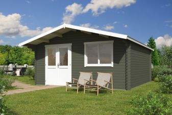 Blokhut Floor 505x505 cm + luifel 90 cm 40 mm vuren groengrijs-wit geverfd