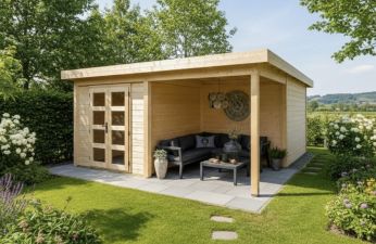 Van Kooten Prime Line blokhut 250x250 cm + overkapping 250 cm + achterwand 28 mm vuren blank - Showmodel Amersfoort