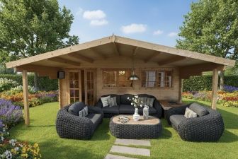 Tuindeco Piet blokhut 595x300 cm + luifel 200 cm - inclusief zwarte dakshingles, dakgoot, binnenvloer en composiet funderingsbalken - Showmodel Numansdorp