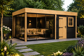 Buitenverblijf Novo 300x400 cm + overkapping 300 cm incl. glasschuifwanden (incl. EPDM)