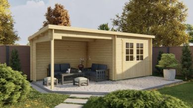 Tuindeco Freddy blokhut 300x250 cm + luifel 298 cm - groen geïmpregneerd - inclusief composiet funderingsbalken, exclusief dakbedekking - Showmodel