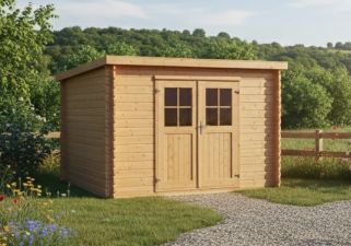 Blokhut met lessenaarsdak 300x250 cm - incl. geïmpregneerde funderingsbalken, dakleer en houten binnenvloer - Showmodel Wommelgem