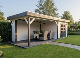 Blokhut Bosuil 300x300 cm + luifel 400 cm - antraciet en wit gecoat - incl. EPDM, aluminium daktrim en antraciet vlonder - Showmodel Hoofddorp