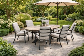 Garden Impressions  Luma diningset - carbon black light teak tafel en 6 carbon black desert sand fauteuils