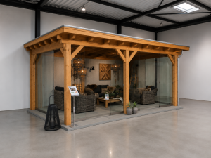 Douglasvision Overkapping Prestige 600x350 cm met glasschuifwand aan voor- en linkerzijde, achterwand en rechterwand enkelzijdig sponningplank grijs gecoat, dakplanken wit gecoat - incl. zinken afvoerbuis en composiet vlonder - Showmodel