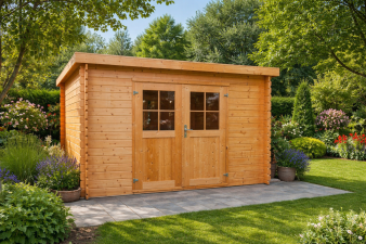 Blokhut met lessenaarsdak 300x250 cm - incl. geïmpregneerde funderingsbalken, dakleer en houten binnenvloer - Showmodel Wommelgem