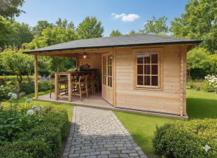 Tuindeco Jannie hoekblokhut 300x300 cm + zijluifel 275 cm - vuren blank incl. zwarte dakshingles (excl. achterzijde) antraciet goot (driezijdig) en composiet funderingsbalken, excl. vlonder - Showmodel