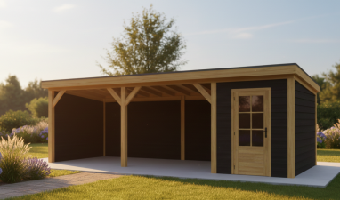 Blokhut Amsterdam 200x300 cm met overkapping 600x300 cm Douglas blank met vuren rabat wanden zwart (Incl. EPDM)