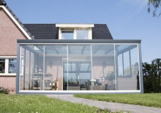 Glasschuifwand Profiline  5 spoor breedte 579 cm -  antraciet structuur - incompleet, alleen glasplaten met loopwagens - SALE01845