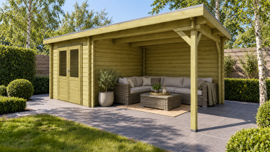 Classicline Blokhut Limburg 250x250 cm + overkapping 300 cm vuren groen geïmpregneerd
