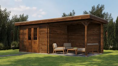 Lugarde Select Blokhut met overkapping Wageningen 300x250cm + 300cm - Keteldruk Bruin