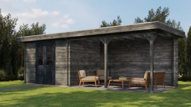 Lugarde Select Blokhut met overkapping Zandvoort 300x250cm + 400cm - Keteldruk Grijs