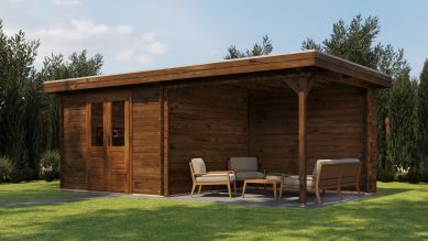 Lugarde Select Blokhut met overkapping Hilversum 300x300cm + 300cm - Keteldruk Bruin