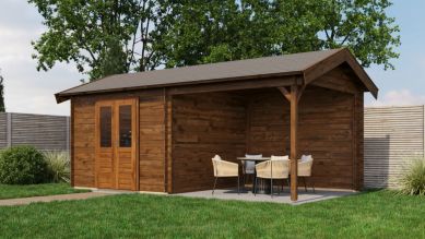 Lugarde Select Blokhut met overkapping Raalte 300x300cm + 300cm - Keteldruk Bruin